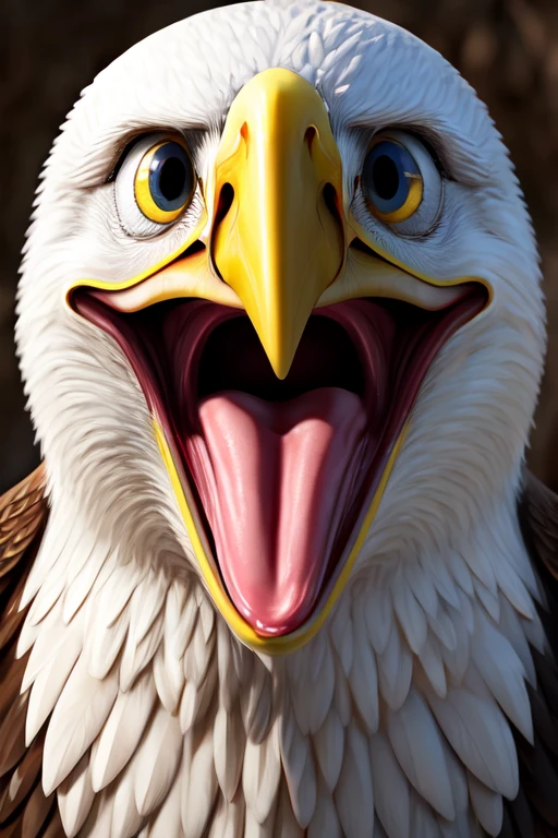Single eagle with no teeth, large wide open mouth coconut with milk inside mouth, surprised face with cute eyes facing the camera close up, photorealistic. Coconut Milk inside mouth.coconut Milk dripping out of mouth. Muscles jaw. Defined eagle jaw