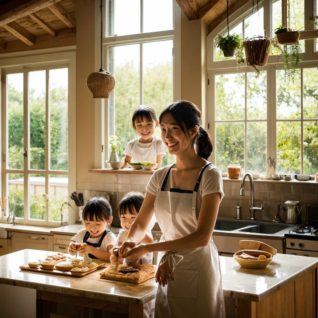 Japanese,Smiling children and their mothers, Making pastries and pies, Home kitchen with large windows, Natural light, Very detailed.