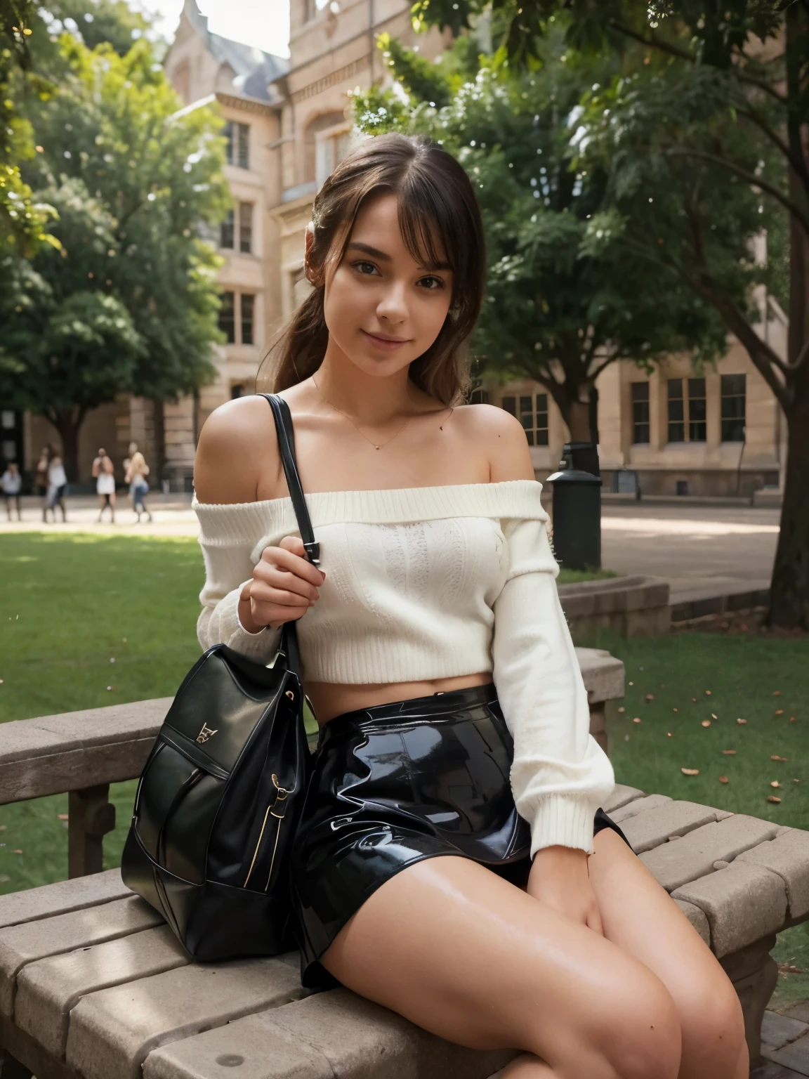 Realistic, ultra-detailed photo of a stylish girl at Sydney University, blending edgy and casual fashion: she's wearing a black latex mini skirt paired with a loose, off-the-shoulder white sweater. Her outfit is completed with white high-top sneakers and a chic black backpack. The setting is the university's picturesque quad, with historic sandstone buildings and lush greenery in the background. The girl is sitting on a bench, reading a book with a slight smile, appearing effortlessly confident and stylish. The combination of latex and casual clothes creates a unique and eye-catching ensemble, perfectly suited for the vibrant university atmosphere.