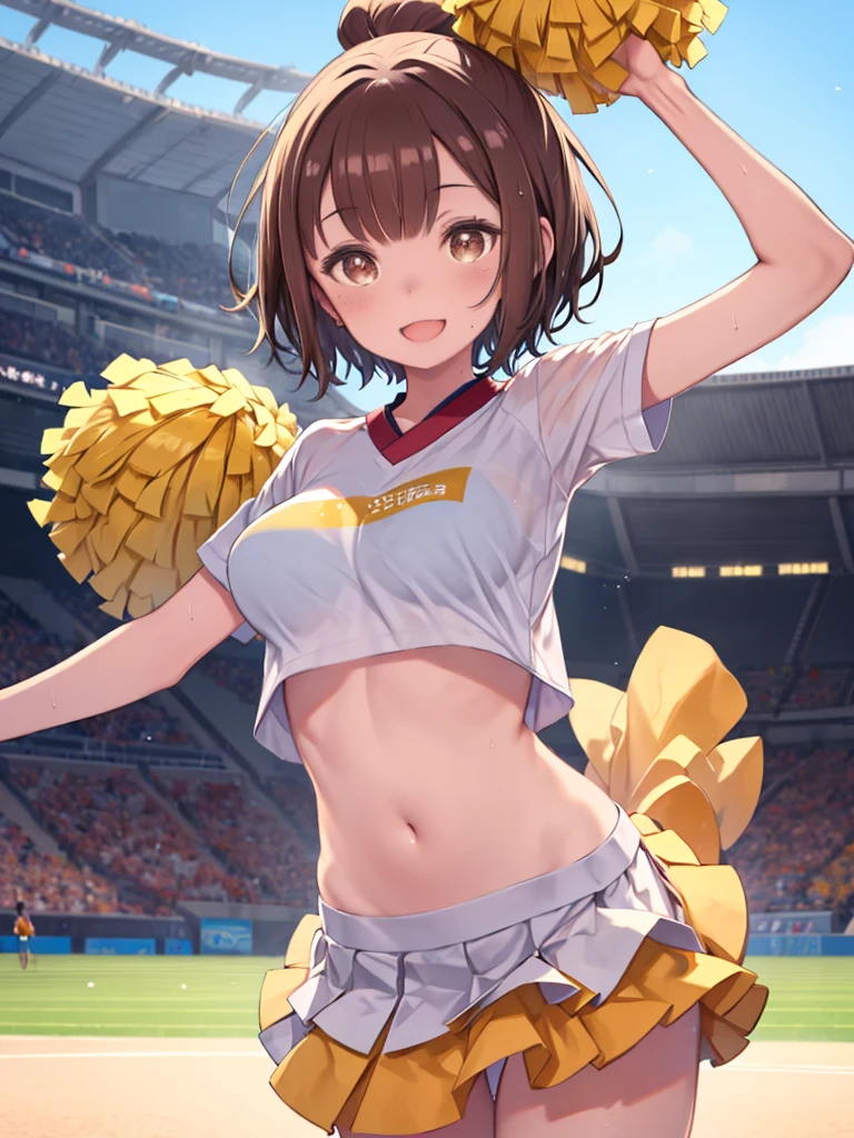 irohaisshiki, iroha isshiki, short hair, brown hair, (Brown eyes:1.5), smile,happy smile, smile, Open your mouth,(cheer leading), (whole body), Big Breasts, Lower, (Sweaty), Sweaty Wet Clothes, (Yellow clothes),Yellow pleated skirt,sneakers , Belly button support, playground, (Jump), (Jump), 足を曲げてJumpする, air, blue sky, Grass原, smile チアリーダー, Pom-pom \(cheer leading\), Grass, smile, break outdoors,Stadium, break looking at viewer, break (masterpiece:1.2), highest quality, High resolution, unity 8k wallpaper, (shape:0.8), (Fine and beautiful eyes:1.6), Highly detailed face, Perfect lighting, Highly detailed CG, (Perfect hands, Perfect Anatomy),