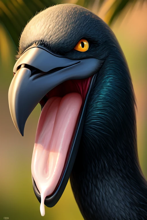 Single cormorant with no teeth, large wide open mouth coconut with milk inside mouth, surprised face with cute eyes facing the camera close up, photorealistic. Coconut Milk inside mouth.coconut Milk dripping out of mouth. Muscles jaw. Defined cormorant beak