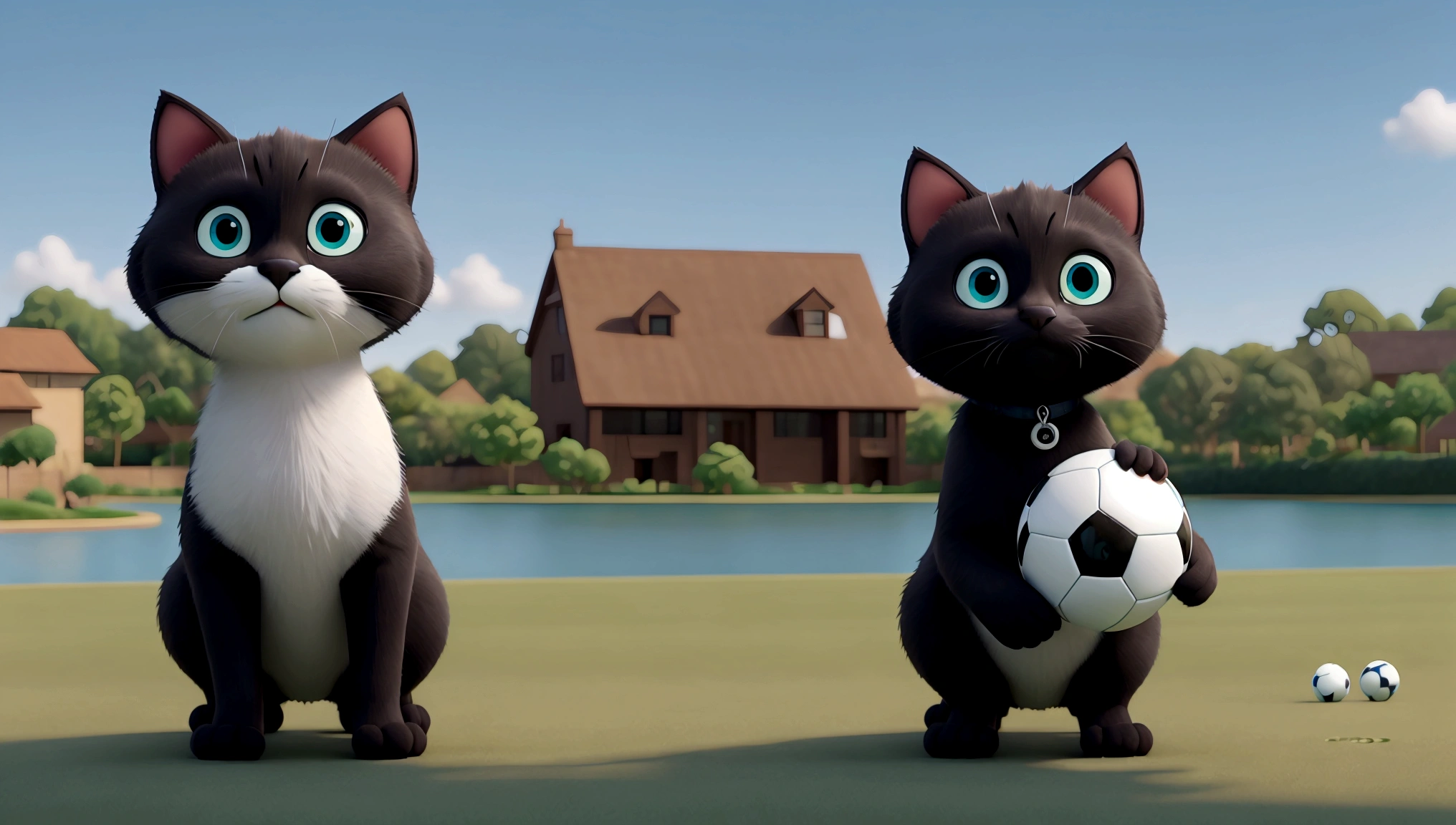 Obra de arte, melhor qualidade, black cat with blues eyes playing soccer ball, lawn with lake