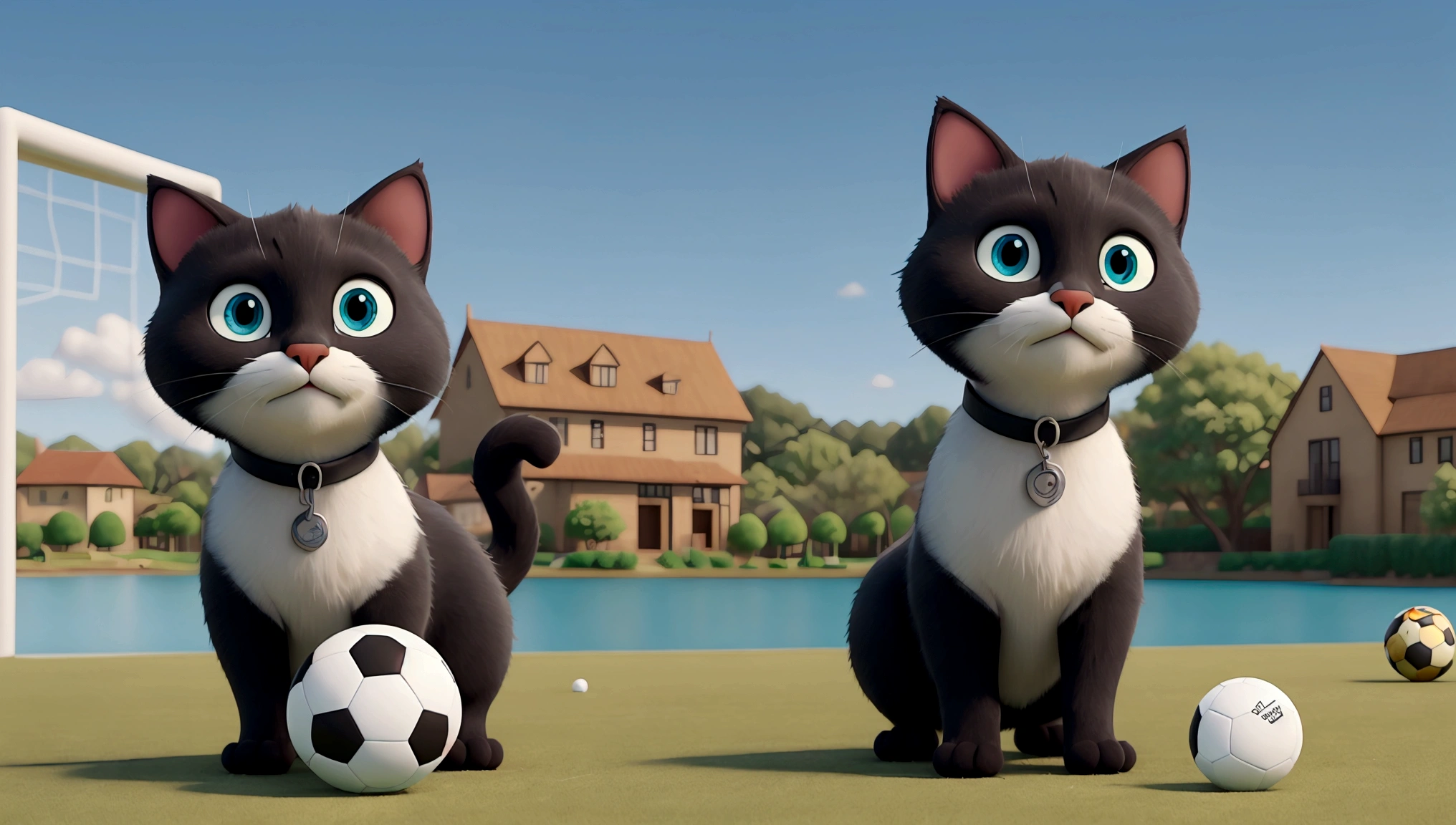 Obra de arte, melhor qualidade, black cat with blues eyes playing soccer ball, lawn with lake