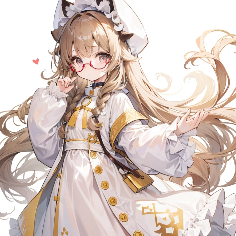 light-brown long hair,Slightly powdery twist,Milky white milky cotton coat,This is a cute little loli with glasses