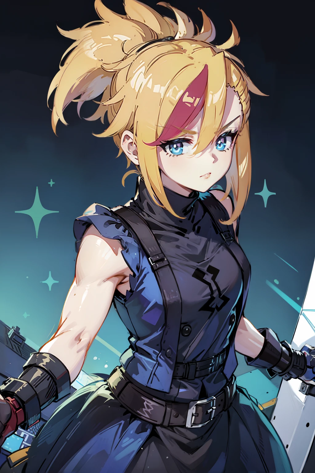 (masterpiece, best quality:1.2), Blue  glowing eyes, perfect face, highres, 1 girl, solo, ultra long ponytail, (female:1.5), strife, blonde hair, shoulder armor, sleeveless turtleneck, suspenders, belt, gloves, bracer, evil smile, standing, portrait, looking at viewer, giant sword on the back