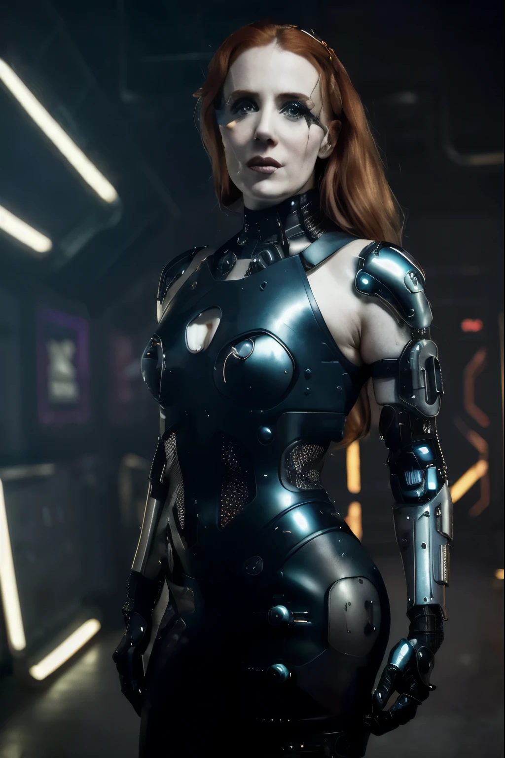 real photo shoot, absurdres, (cyberpunk), SimoneSimonsQuiron woman, Simone Simons, (cybernetic arms)