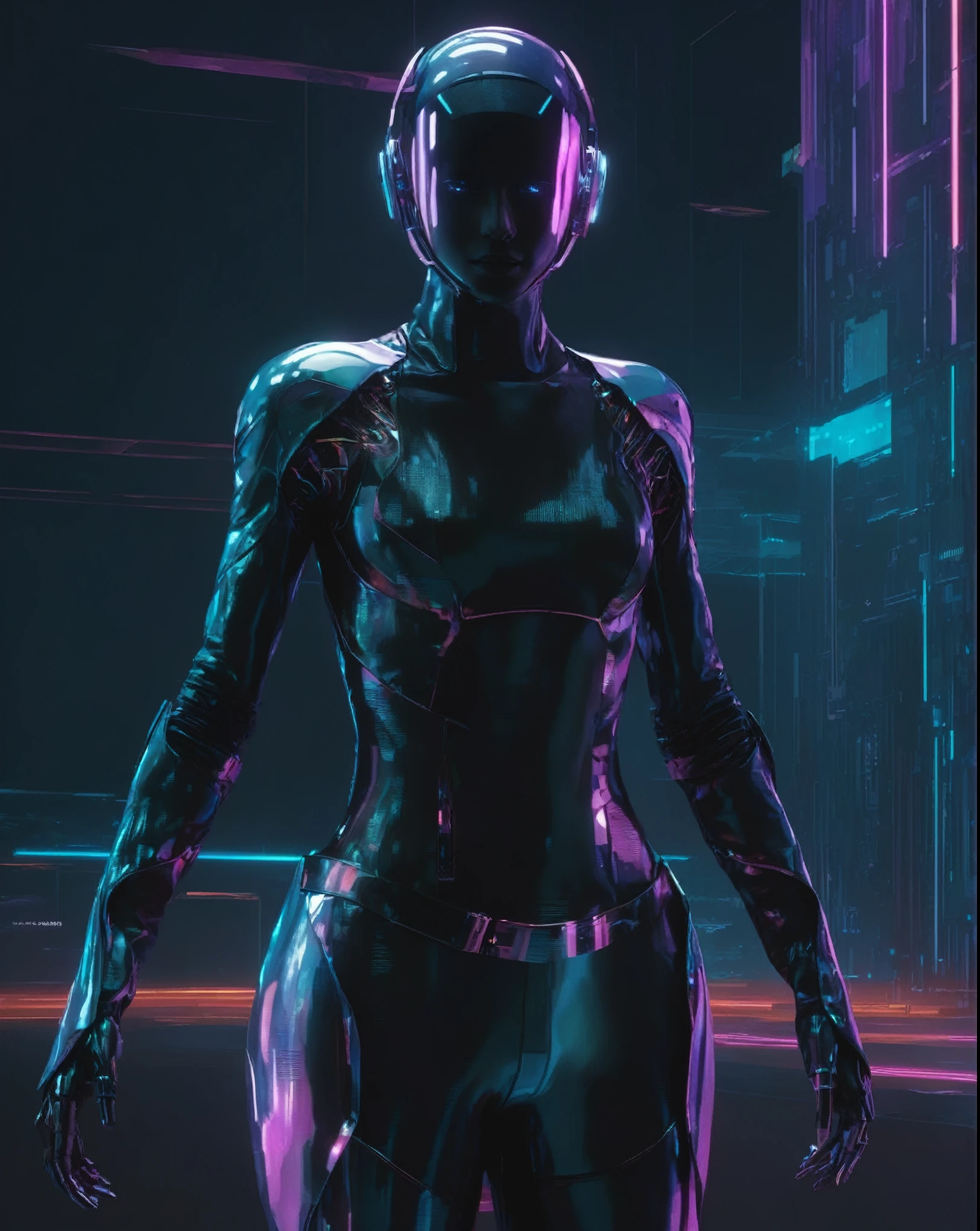 neonpunk style Cinematic scene, hero view, Cortana, ai, hologram <lora:cortana_xl_v3:1>, action pose, detailed background, masterpiece, best quality, high quality, absurdres . cyberpunk, vaporwave, neon, vibes, vibrant, stunningly beautiful, crisp, detailed, sleek, ultramodern, magenta highlights, dark purple shadows, high contrast, cinematic, ultra detailed, intricate, professional