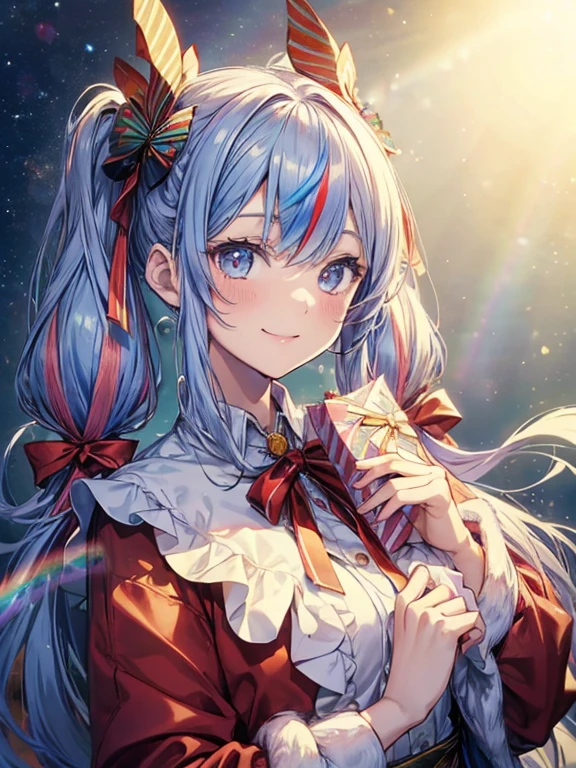 santa claus cosplay、holding a present in both hands、santa cosplay、santa claus bag、Christmaasutepiece:1.3), (8K, Photorealistic, Raw photo, Best Quality: 1.4), Beautiful face, (Realistic face), Beautiful detailed eyes, (Realistic skin), Attractive, Intricate details,Golden ratio, 1 girl,Naughty smile, (rainbow hair:1.4),((Long twintails,Ribbon 1.4)),santa (Blue Butterfly Hair Ornament 1.3)、deliver a present、Dynamic Angle,Intricate details, Hyper realistic、A smile、Smiling、Strong face、the morning sun、Light of Deities、Deities、Heaven、rainbows