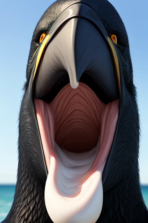 Single cormorant with no teeth, large wide open mouth coconut with milk inside mouth, surprised face with cute eyes facing the camera close up, photorealistic. Coconut Milk inside mouth.coconut Milk dripping out of mouth. Muscles jaw. Defined cormorant beak