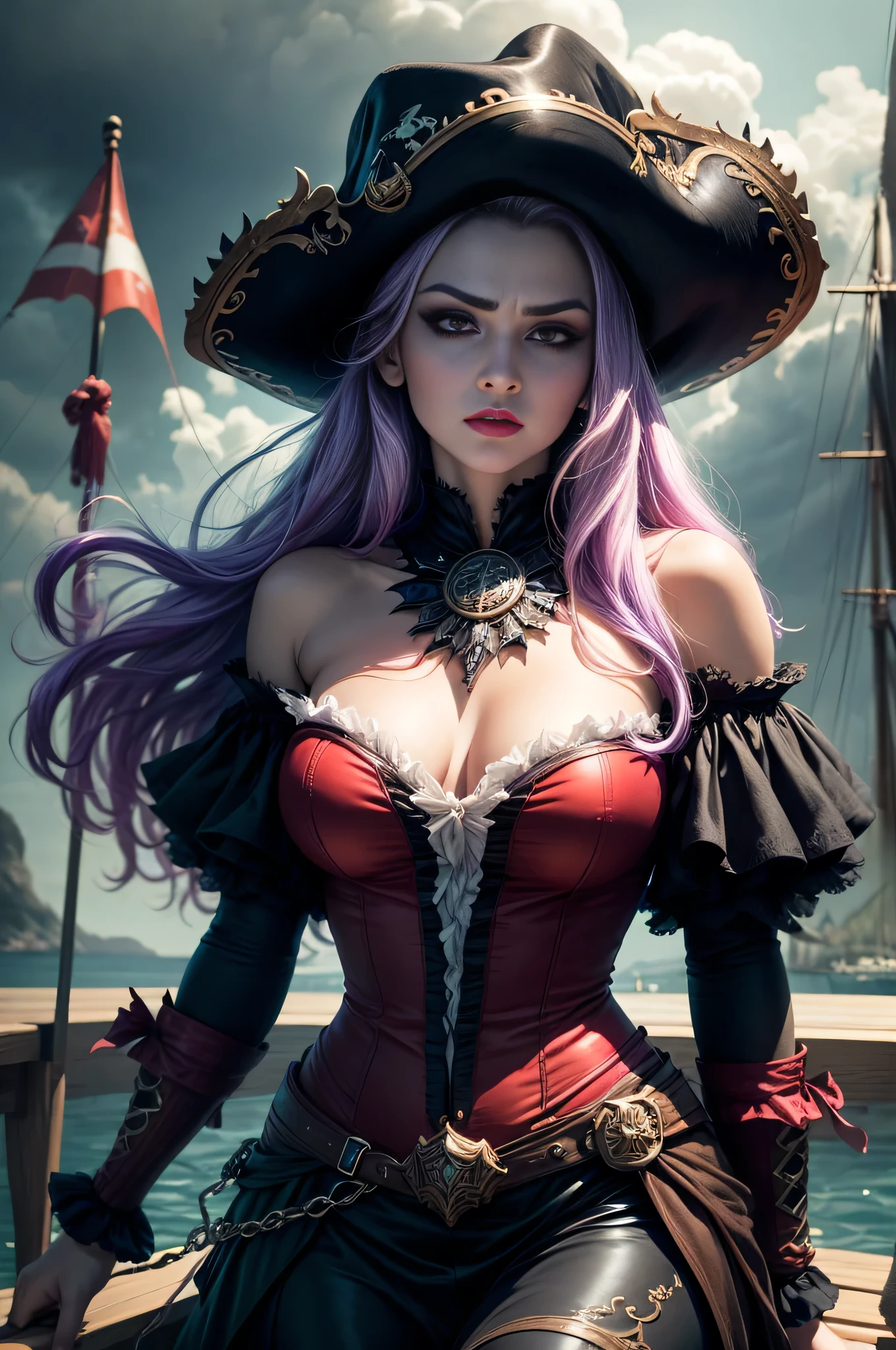 Woman, jellyfish, (feudal middle age:1.1), Slavic appearance, (long straight purple hair gradient pro red), (red eyes), (strong expression look), purple lipstick, fair skin, (black color gothic clothes with red details:1.1), yellow scales on the hands, cinematic lighting, mystical atmosphere, dynamic focus, ultra reality, ultra realistic, ultra quality, real, real texture:1.1, realistic clothes:1.1, 8k insaneres, absurd, pirate hat
on board a pirate ship like black pearl, stormy weather.