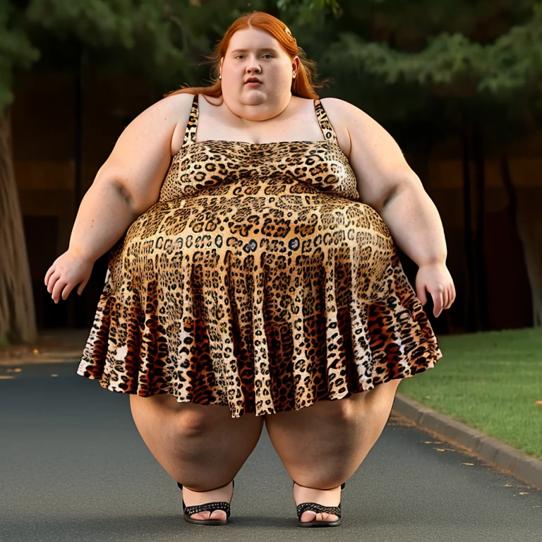 Ssbbw extremely morbidly obese solo Sadie Sink full body alone wearing a leopard dress