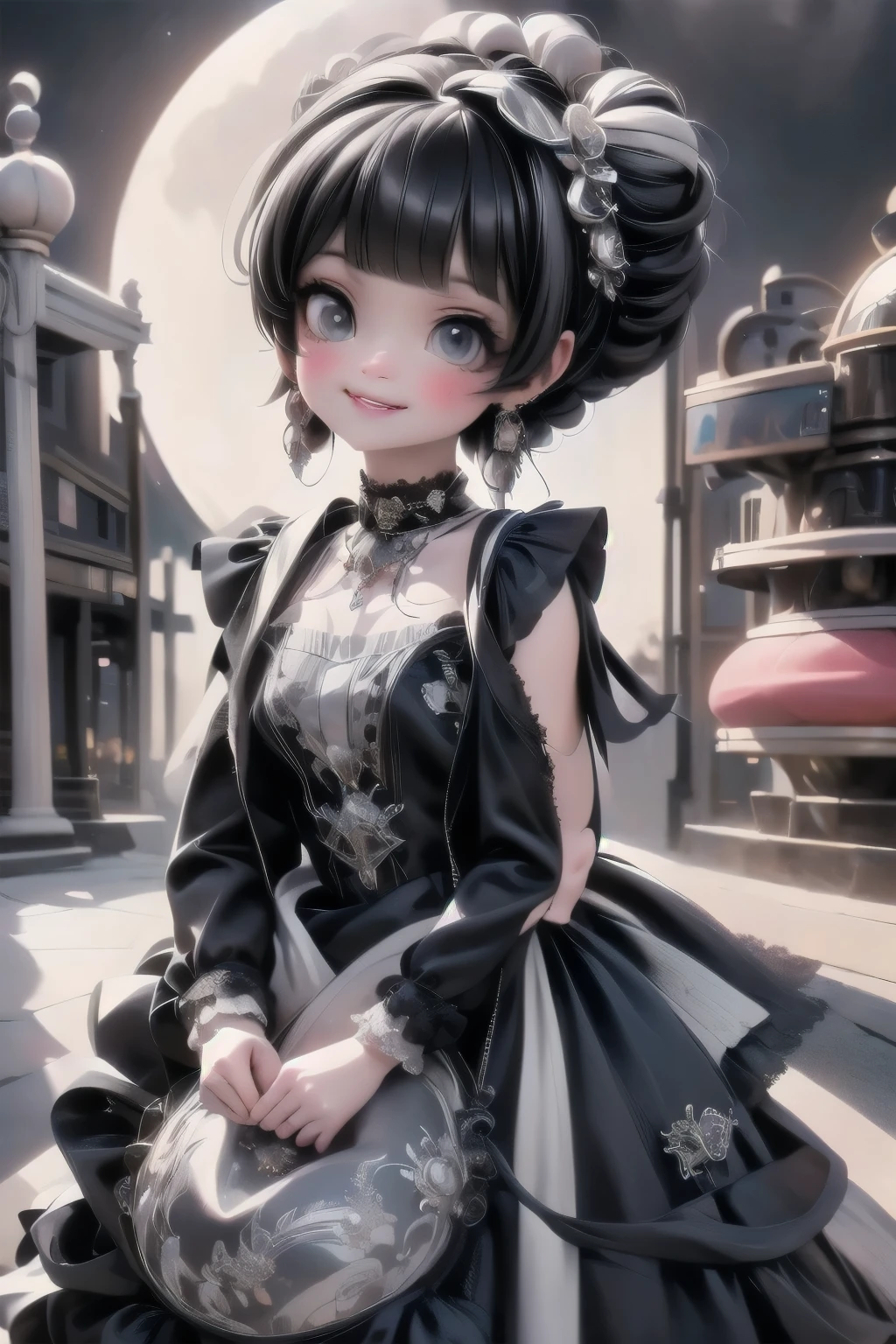 a gothic girl smiling, black hair, hair accessories, choke, wristbands, silver earrings, (strapless_dress), (round toe) mary_janes, night scene, amusement park at night, full moon at background