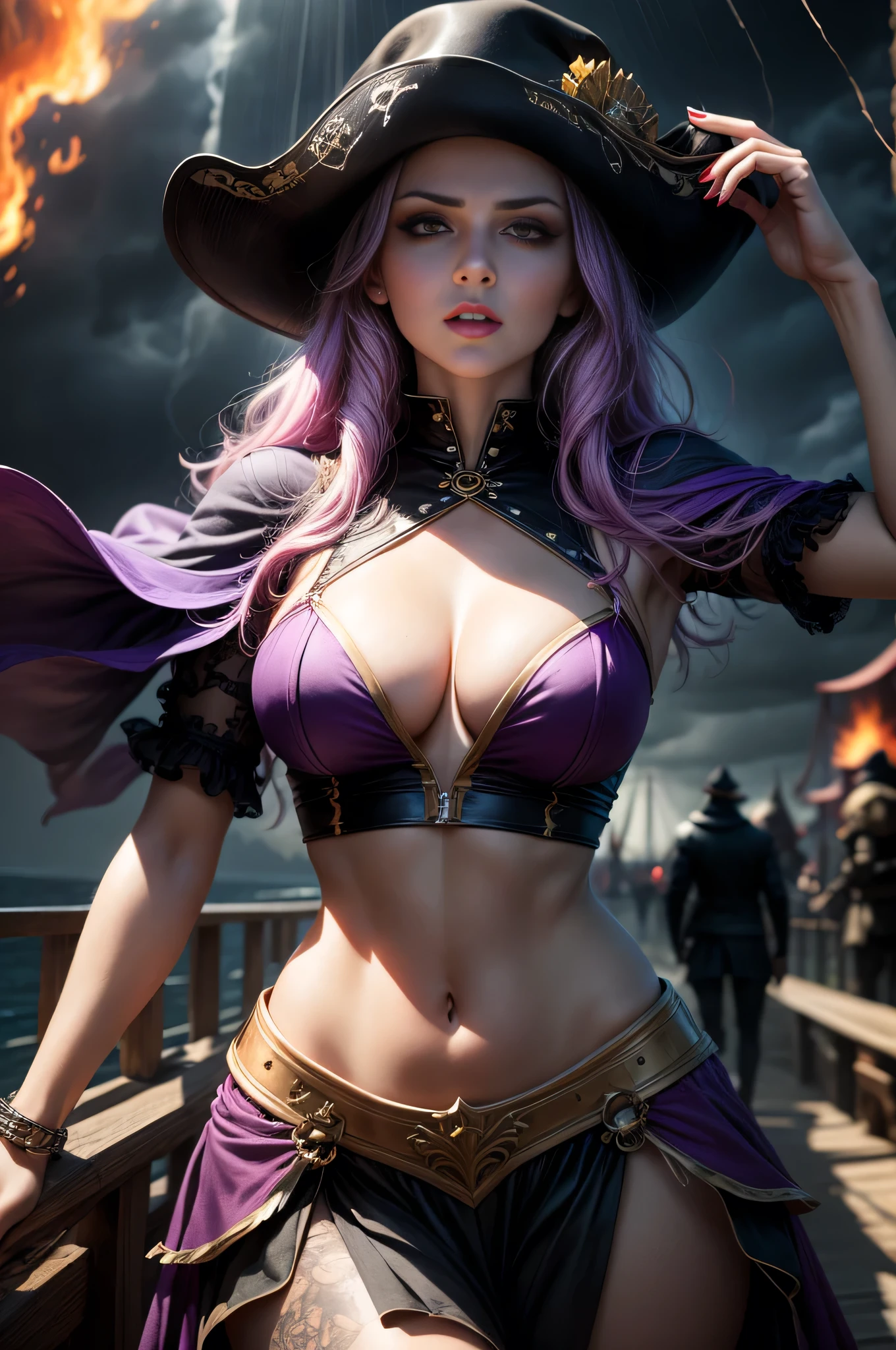 Woman, jellyfish, (feudal middle age:1.1), Slavic appearance, (long straight purple hair gradient pro red), (red eyes), (strong expression look), purple lipstick, fair skin, (black color gothic clothes with red details:1.1), yellow scales on the hands, cinematic lighting, mystical atmosphere, dynamic focus, ultra reality, ultra realistic, ultra quality, real, real texture:1.1, realistic clothes:1.1, 8k insaneres,  absurd, pirate hat
on board a pirate ship like black pearl, stormy weather. god rays, low key lighting, midriff, cleavage, sexy, seductive, teasing, broken ships behind, explosions, fires, 