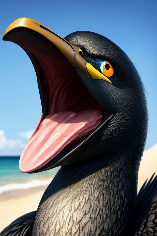 Single cormorant with no teeth, large wide open mouth coconut with milk inside mouth, surprised face with cute eyes facing the camera close up, photorealistic. Coconut Milk inside mouth.coconut Milk dripping out of mouth. Muscles jaw. Defined cormorant beak