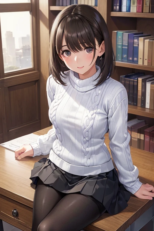 (masterpiece, Premium Quality: 1.2), alone, strong,
 One girl: Nene Anegasaki、Shiny brown hair, short hair, Beautiful brown eyes、smile、Sparkling eyes, (Fine grain)、Ultra-detailed eyes、Very detailed顔, Very detailed目,
 
 (Shot from above), Put your arms down, 
 , (Adult female:1.4), 8k, Tabletop, RAW Photos, highest quality, Realistic, Very detailed, ((Very detailed肌)), (Leg Focus Shot:1.5), 20-year-old, (Medium chest:1.2),(Black mini skirt, Black realistic pantyhose,White knit sweater:1.4), (Standing in front of a desk in the library:1.2)