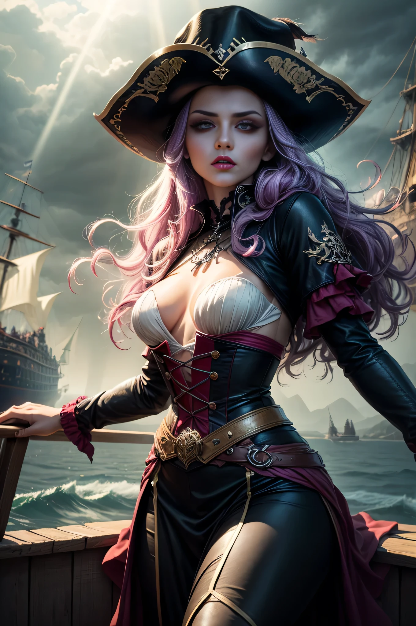 Woman, jellyfish, (feudal middle age:1.1), Slavic appearance, (long straight purple hair gradient pro red), (red eyes), (strong expression look), purple lipstick, fair skin, (black color gothic clothes with red details:1.1), yellow scales on the hands, cinematic lighting, mystical atmosphere, dynamic focus, ultra reality, ultra realistic, ultra quality, real, real texture:1.1, realistic clothes:1.1, 8k insaneres, absurd, pirate hat
on board a pirate ship like black pearl, stormy weather. god rays, low key lighting