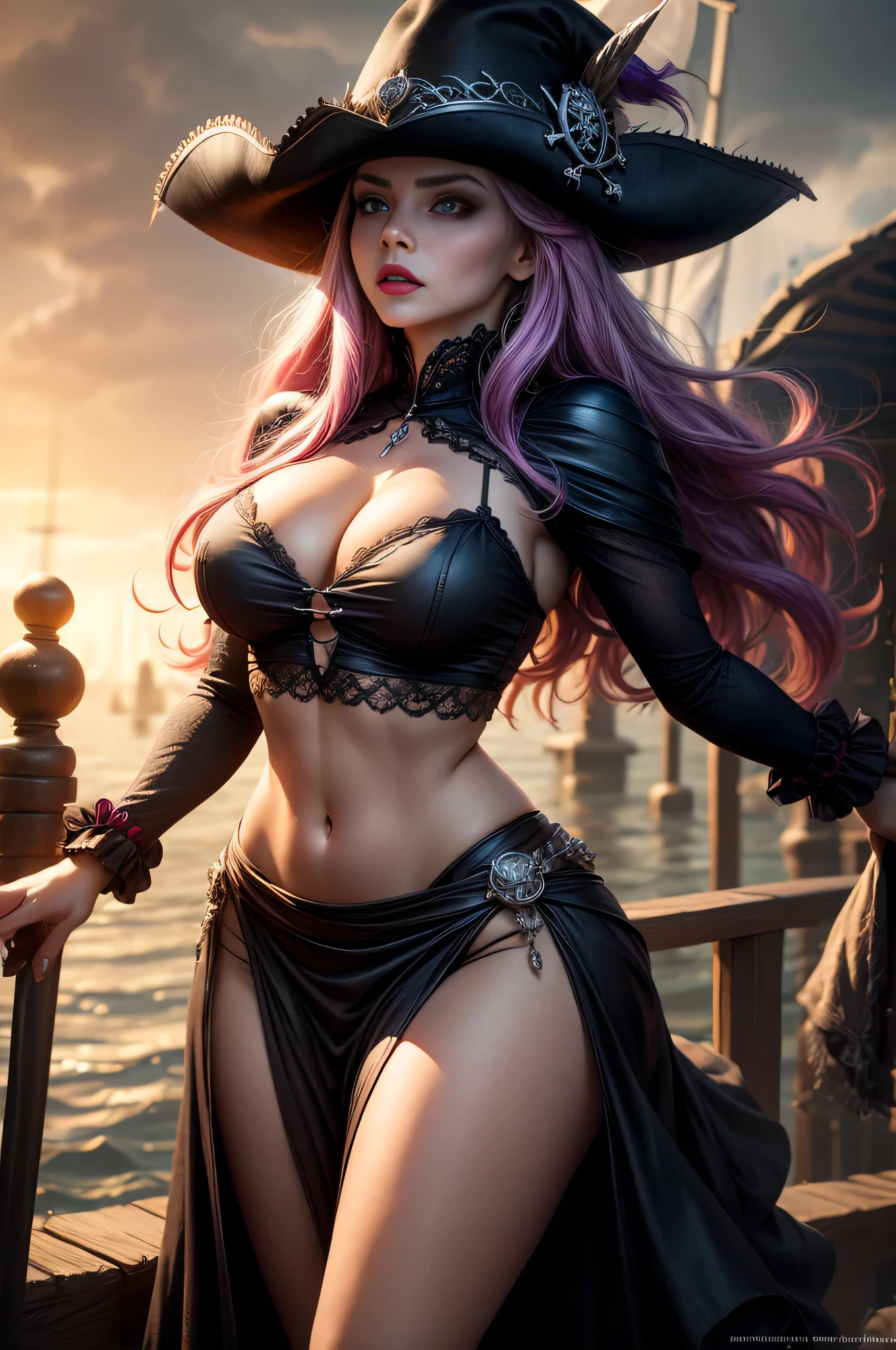 Woman, jellyfish, (feudal middle age:1.1), see through lace, Slavic appearance, (long straight purple hair gradient pro red), (red eyes), (strong expression look), purple lipstick, fair skin, (black color gothic clothes with red details:1.1), yellow scales on the hands, cinematic lighting, mystical atmosphere, dynamic focus, ultra reality, ultra realistic, ultra quality, real, real texture:1.1, realistic clothes:1.1, 8k insaneres, absurd, pirate hat
on board a pirate ship like black pearl, stormy weather. god rays, low key lighting, midriff, cleavage, sexy, seductive, teasing, broken ships behind, explosions, fires,