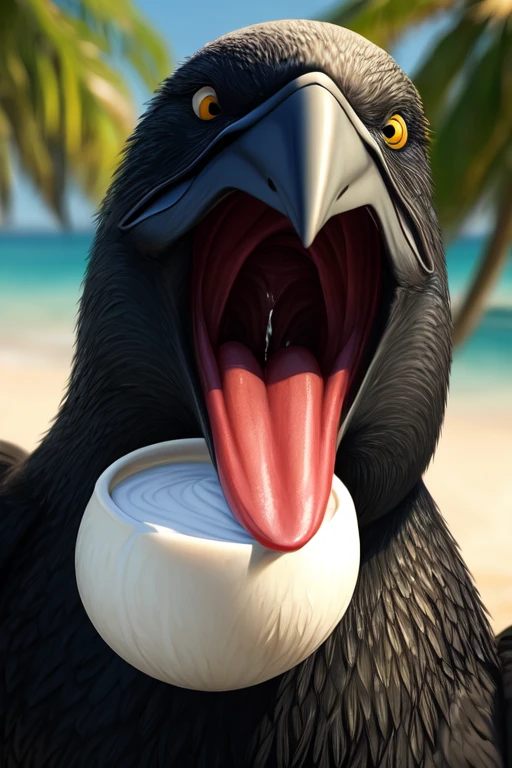 Single cormorant with no teeth, large wide open mouth coconut with milk inside mouth, surprised face with cute eyes facing the camera close up, photorealistic. Coconut Milk inside mouth.coconut Milk dripping out of mouth. Muscles jaw. Defined cormorant beak