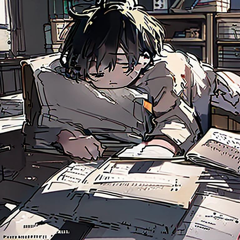 A boy sleeping on his desk(his head laying on his desk filled with messy drawings and sketches and a laptop in front of him)wears a black hoodie, sleeping peacefully with some eye bags under his eyes,has messy black hair