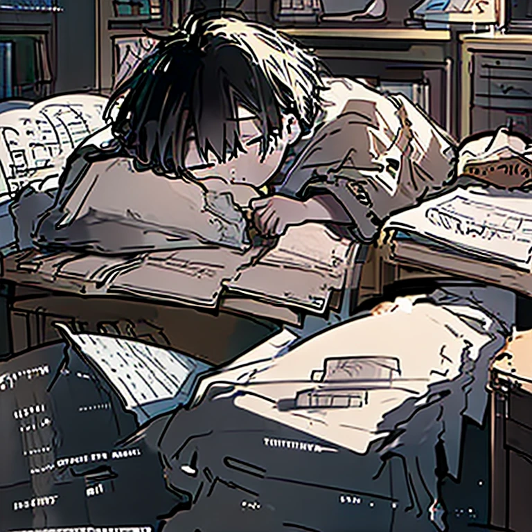 A boy sleeping on his desk(his head laying on his desk filled with messy drawings and sketches and a laptop in front of him)wears a black hoodie, sleeping peacefully with some eye bags under his eyes,has messy black hair