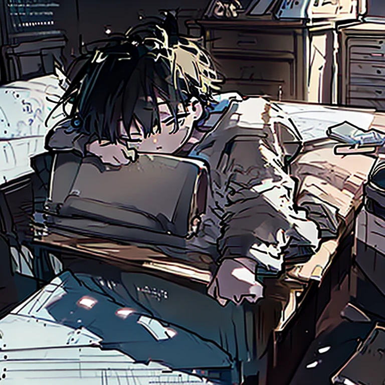 A boy sleeping on his desk(his head laying on his desk filled with messy drawings and sketches and a laptop in front of him)wears a black hoodie, sleeping peacefully with some eye bags under his eyes,has messy black hair