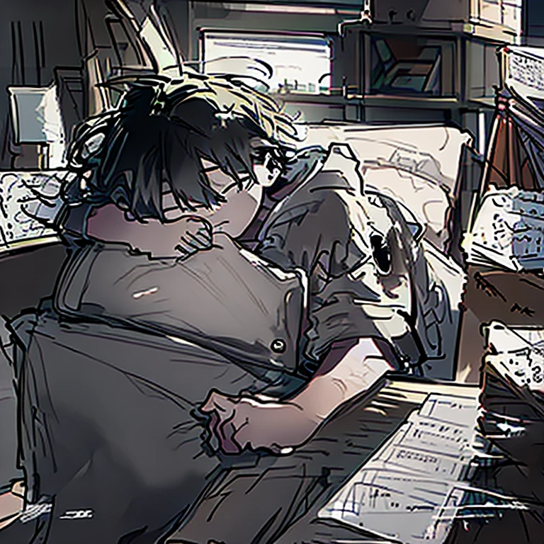 A boy sleeping on his desk(his head laying on his desk filled with messy drawings and sketches and a laptop in front of him)wears a black hoodie, sleeping peacefully with some eye bags under his eyes,has messy black hair