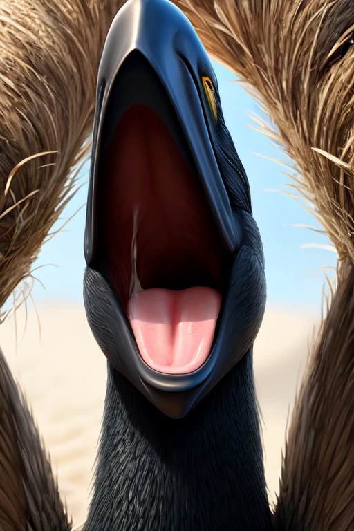 Single mythical cormorant with no teeth, large wide open mouth coconut with milk inside mouth, surprised face with cute eyes facing the camera close up, photorealistic. Coconut Milk inside mouth.coconut Milk dripping out of mouth. Muscles jaw. Defined cormorant beak