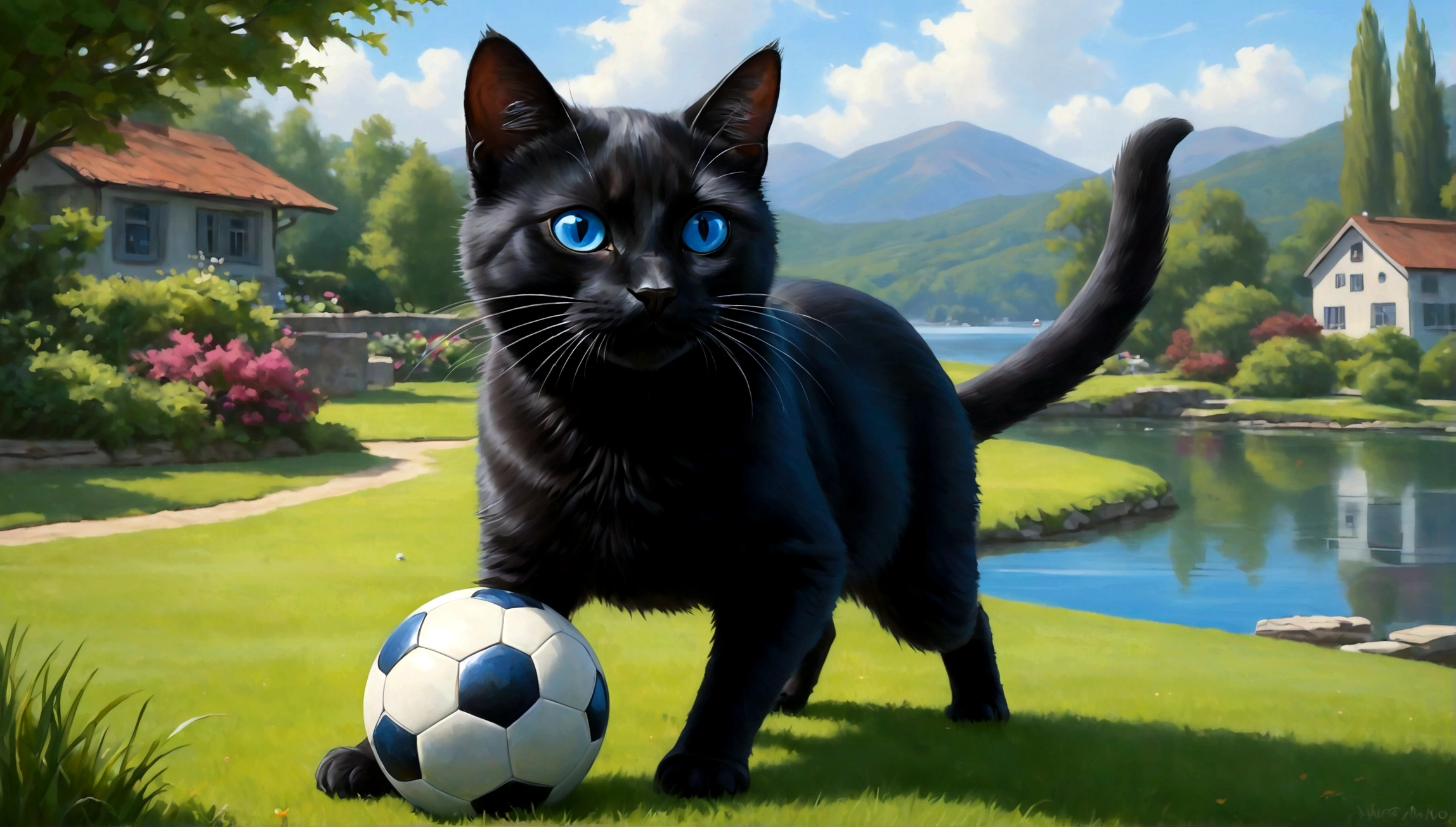 Obra de arte, melhor qualidade, one black cat with blues eyes playing soccer ball, lawn with lake
