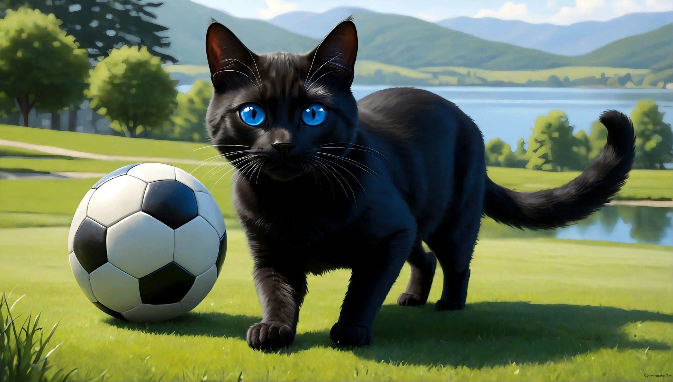 Obra de arte, melhor qualidade, one black cat with blues eyes playing soccer ball, lawn with lake