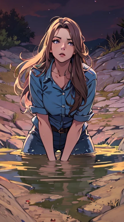 masterpiece, sinking in quicksand, memorable, feminine woman, t-shirt, flared jeans, dusk, fetishistic posing, unbuttoned jeans