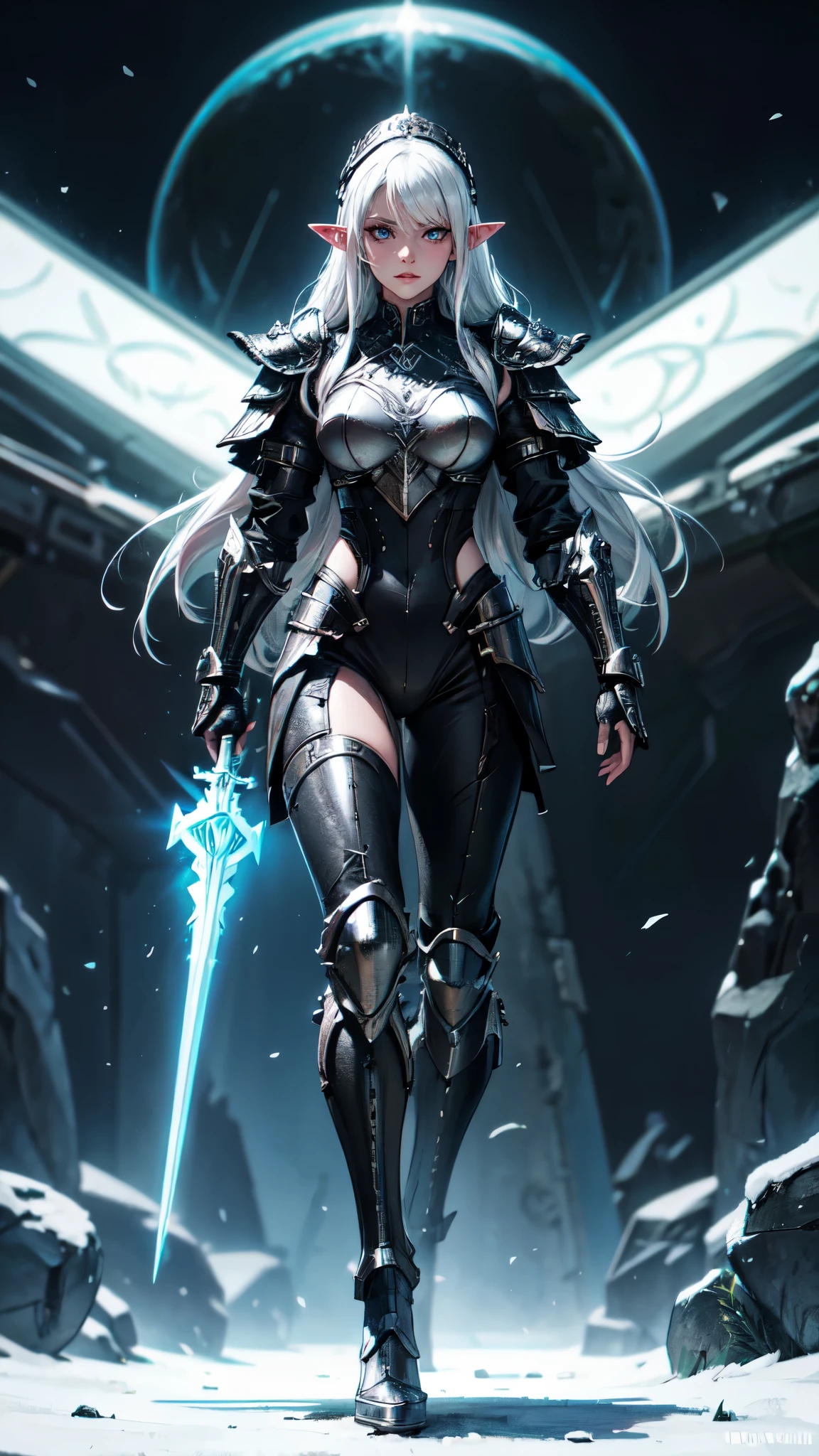 Frauen, Gesicht, White hair, Armor of the Black Dragon, Rote Augen, High quality, super detailliert, Super Holy Armor, vorderseite, Helles Bild, vorderseite, mehr vorne, black armor, Roter-Kupfer Verzierung, Cyberpunk, Neon, metallisch, fullbody view, detailed eyes, detailed face, detailed hands, elf woman, full body