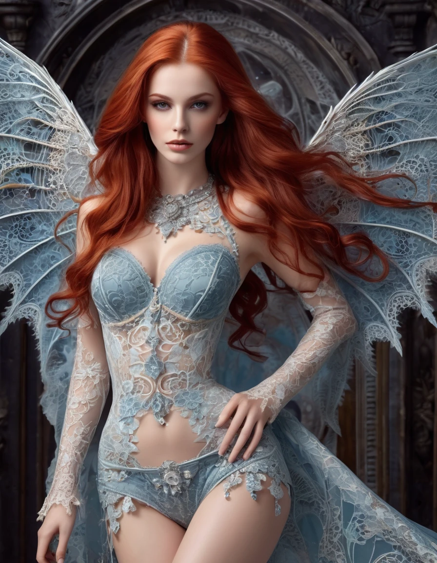 Sublime harpie belle et sensuelle tends ses bras vers moi pour m’embrasser, very long flamboyant red hair very detailed, jambes longues et sublime, romantique et sensuelle, futuriste, sublime poitrine effet push-up, very thin waist, abdominaux légèrement dessinés, fine detailed lace with gothic fractal patterns, light short skirt, (deux sublimes et charmantes petites ailes de dragon), ((hyperRéaliste, masterpiece, superior quality, high resolution, Extremely detailed)), ((highly detailed CG unified 8K wallpaper)), visage Extremely detailed beauté sublime, (me regarde, vole vers moi)