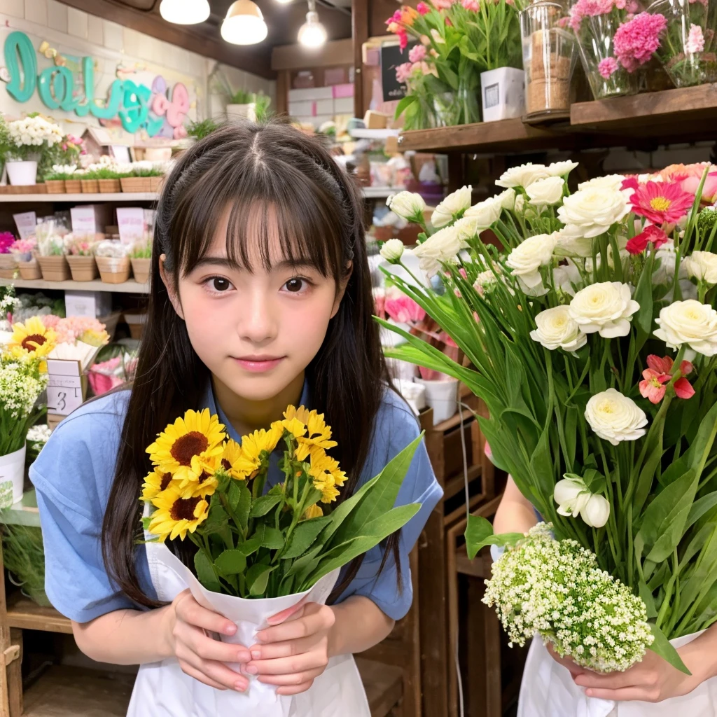 highest quality, masterpiece, Ultra-high resolution, (Realistic:1.4), Raw photo, One girl, 18-year-old, The most famous Japanese idols, Busy working at a flower shop, Dressed like a florist, Most popular very cute faces