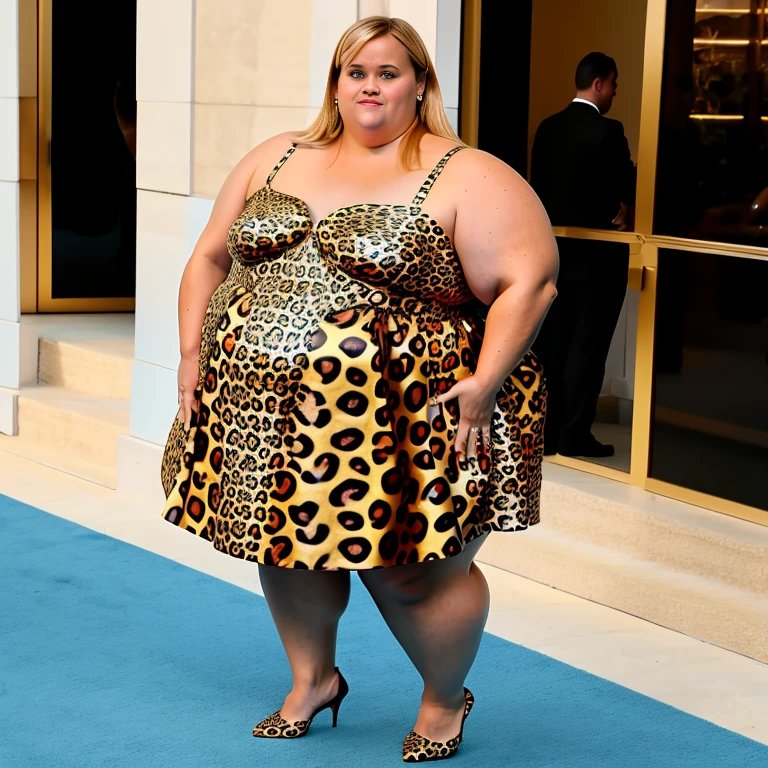 Ssbbw extremely morbidly obese solo Reese Witherspoon full body alone wearing a leopard dress