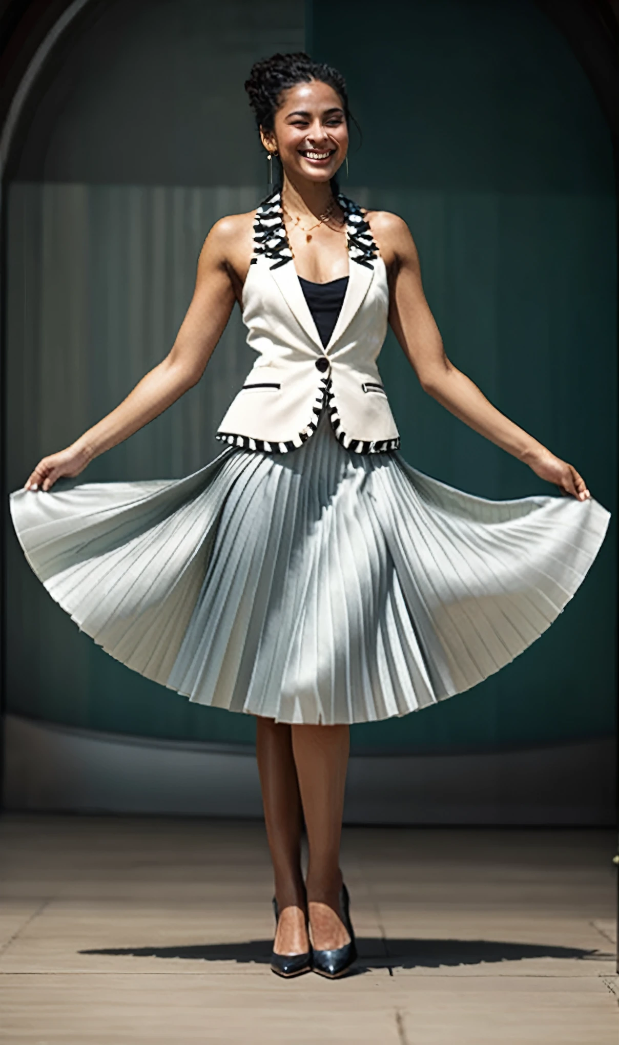 A smiling, authentic, (shy:1,3), kind, beautiful woman, is passionately in love with her skirt, wind wildly flowing her skirt, wearing short blazer and (long (fully pleated) full circle skirt) and (low heeled court shoes), very, very intricate hyper-detailed symmetric (attractive graceful young feminine face) with (sad, tired eyes and a loving smile), very voluptuous breasts, full of empathy and compassion and love, (pronounced (feminine) features), (highly detailed ultra accurate realistic) hands and fingers, (windy), epic composition, highly detailed attributes, (35mm f1.4 Kodak portra 400 photograph), extremely high quality RAW photograph, highly detailed atmosphere, sci-fi, cinematic shot, dynamic lighting, 75mm, Technicolor, Panavision, cinemascope, sharp focus, fine details, 8k, HDR, realism, realistic, key visual, film still, superb cinematic color grading, depth of field