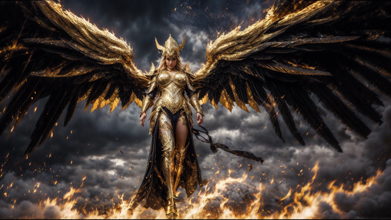 full body photo (Remote photos) Masterpiece, best quality, 1 girl,Beautiful, round, large breasts., ((The golden armor has intricate details.)) It has black wings., Golden Clouds,