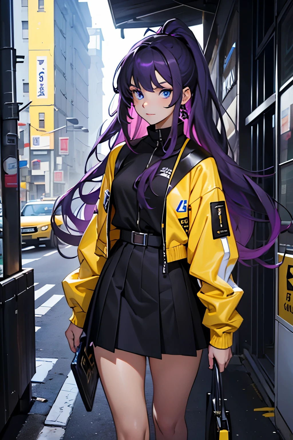 a cute age girl with 16 yong voluminous dark purple hair with black roots, dressing white shirt with a yellow plastic jacket and black skirt, fancy make up and blue eyes