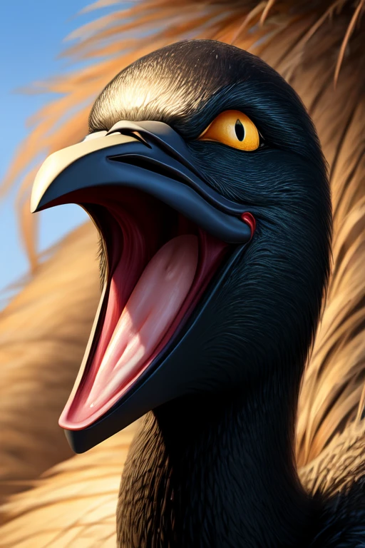 Single mythical cormorant with no teeth, large wide open mouth coconut with milk inside mouth, surprised face with cute eyes facing the camera close up, photorealistic. Coconut Milk inside mouth.coconut Milk dripping out of mouth. Muscles jaw. Defined cormorant beak