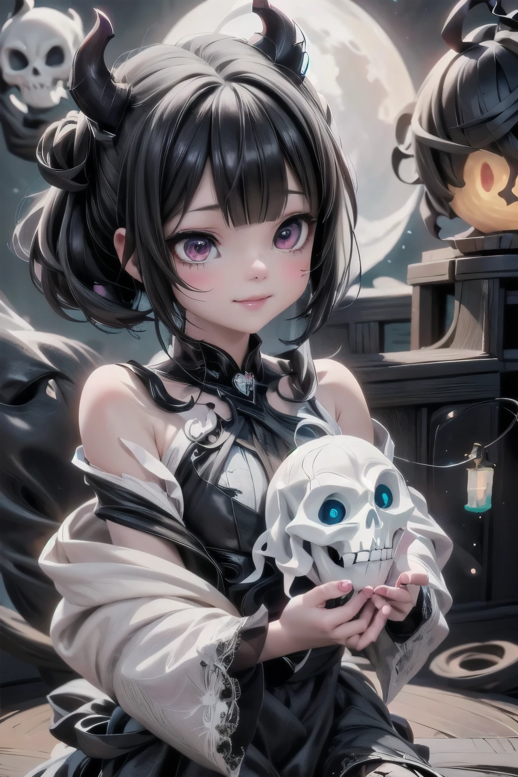 a cute demon girl sculping a skull, night scene, moon at background, magical lanterns floating, particles stream, ethereal creation