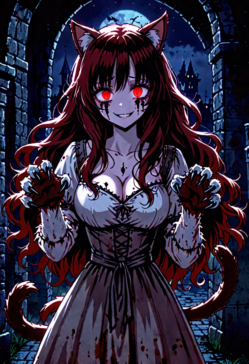 solo, female, cat ears, cat tail, red eyes, dark red hair, long wavy hair, large breasts, black tears, black mascara, runny mascara, cleavage, yandere, yandere smile, dark, night ,horror, vhs effect, horror, medieval, furry claw hands, furry forearms