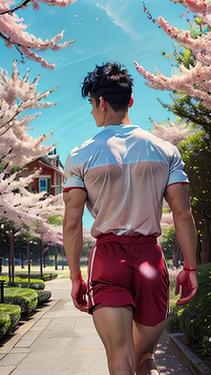 1boy, (Masterpiece, Top Quality, Best Quality), upper-body, blonde hair, black hair, multi-colored hair, forehead, (gym uniform: 1.1), solo, exterior, Park, Walking, blue skies, sakura trees, male focus, 8K, Negative_Hand-Neg Oji,Back, behind, Shows ass