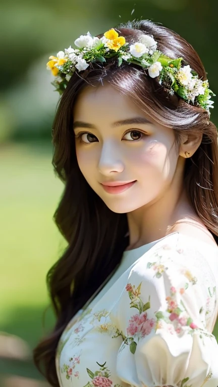 The image captures a moment of serene beauty, featuring a young woman with a delicate flower crown adorning her hair. Her gaze is direct and engaging, drawing the viewer into her world. The soft, natural lighting accentuates her features, highlighting her gentle smile and the subtle blush on her cheeks. The floral pattern on her dress complements the floral crown, creating a harmonious blend of nature and elegance. The background, though blurred, suggests a tranquil garden setting, adding to the overall ethereal and dreamlike quality of the portrait.