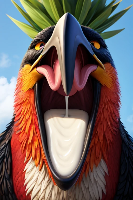 Single mythical Phoenix with no teeth, large wide open mouth coconut with milk inside mouth, surprised face with cute eyes facing the camera close up, photorealistic. Coconut Milk inside mouth.coconut Milk dripping out of mouth. Muscles jaw. Defined cormorant beak