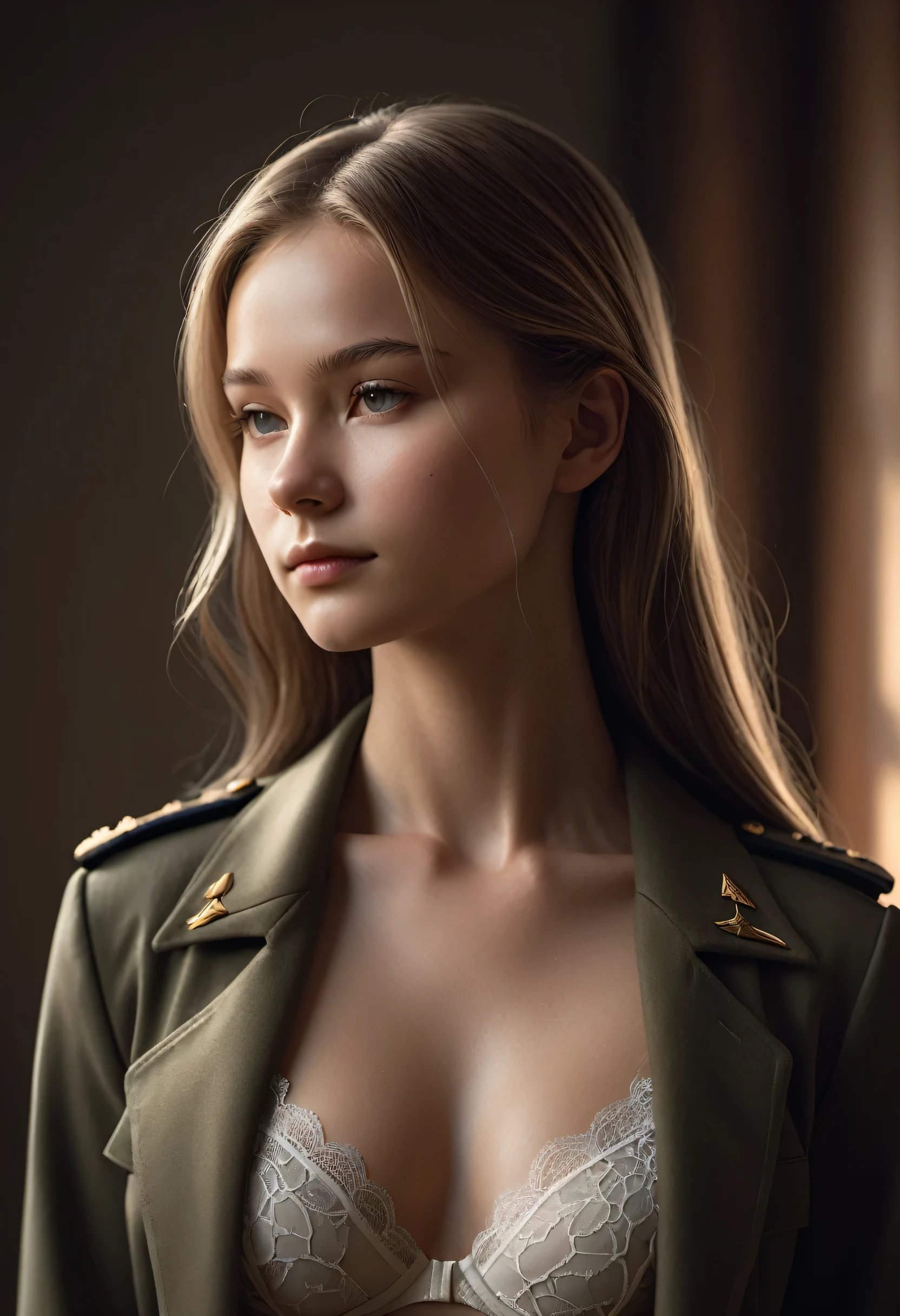 by Bojan Jevtic, Michael Borremans, Vector Art, RAW photo,close up of a strong yo Young Siberian Beauty, army officer, alluring, flat chested, Thoughtful Pose, Land Art, Ilford HP5+ 400, F/5, perfect skin, Smooth Skin,Full Body,Bold, Brilliant Dim Background Light, Friarmoody lighting,Sharp and in focus,8k, Visual novel, dramatic side lighting, Soft Image, Brilliant Masterpiece, open jacket, lacy bra, sad smile, long straight hair