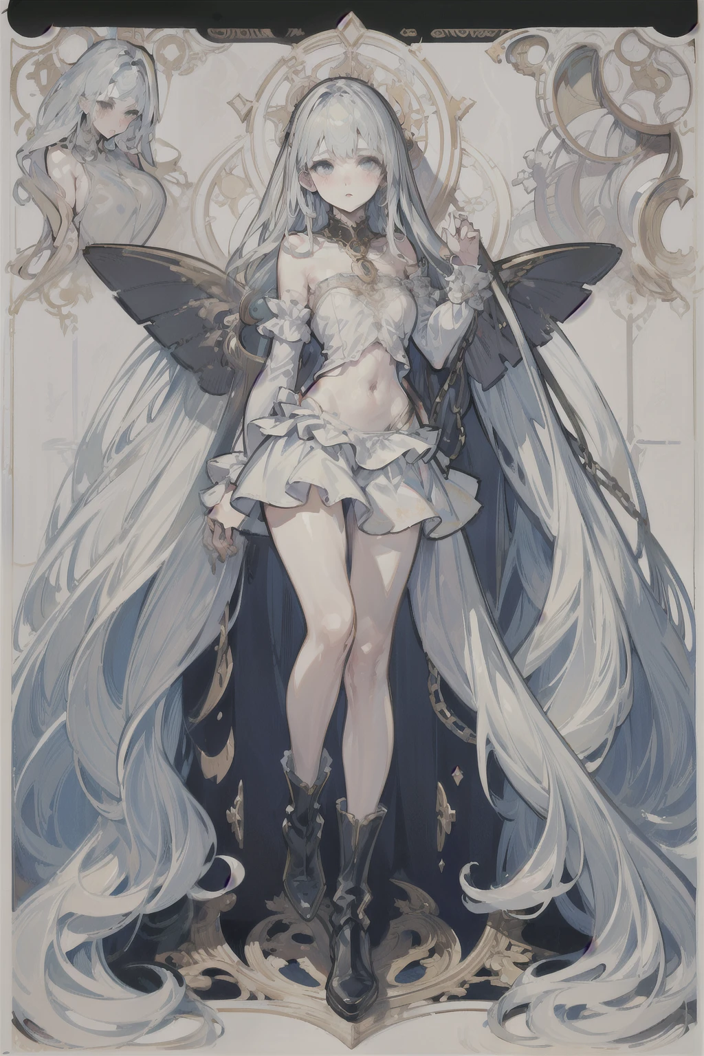  ((best quality)), ((masterpiece)), (detailed), 1girl, Character design, female, dynamic poses, long white grey hair, grey white eyes, very skinny, detailed, best quality, no accesoires around the neck, no shoes, prominent collarbones, skinny arms, flat stomach, visible hip bones, full body, blank white background, plain background, white background, red and white clothing, Bloodborne inspired, occult aesthetic, occult, detailed and intricate steampunk and detailed gothic, NSFW, Very dramatic and cinematic lighting, cosmic horror, grim-dark, side-lighting, perfect face, NSFW, Fluttering lace flared long knee length dress with frilly petticoats, knee length dress, pleated petticoats, petticoats gothic, complex lace boots, side-lighting, gothic aesthetic, wielding a mighty sword with mechanical components, mandalas, small breasts, a fairy, various different types of insect wings, NSFW, full body, whole body, body, plain background, white background, blank background, no background, white background NSFW, chains, full body, whole body, head-to-toe NSFW 