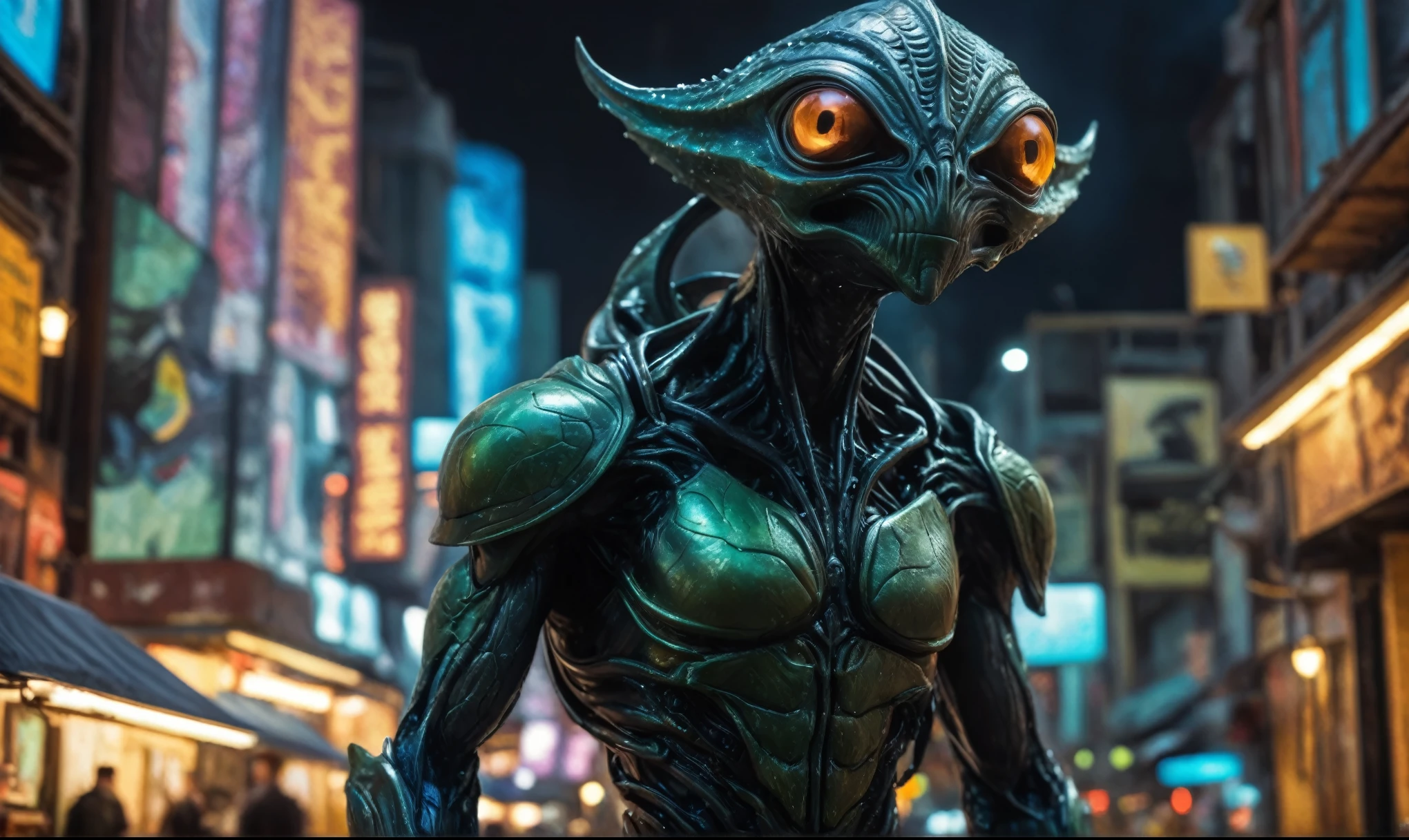 full-body-shot,niobium Manganite (The Alien Entity:Caribbean:0.5), wants eat,survival in criminal city of future,Cinematic,soft colors, Technicolor,natural skin textures, hyper realism, hyper detailed,Extremely detailed,High contrast,Masterpiece,Realistic,Ultra Detailed, intricate details,realistic humid leather,extremely intricate,Epic Realistic, cinematic style,irina yermolova,high contrast,HDR,extremely detailed, [deep night landscape],masterpiece,intricate details,faded,eyes extremely detailed, high detailed eyes,8k resolution,RAW,retina, Nikon Z9
