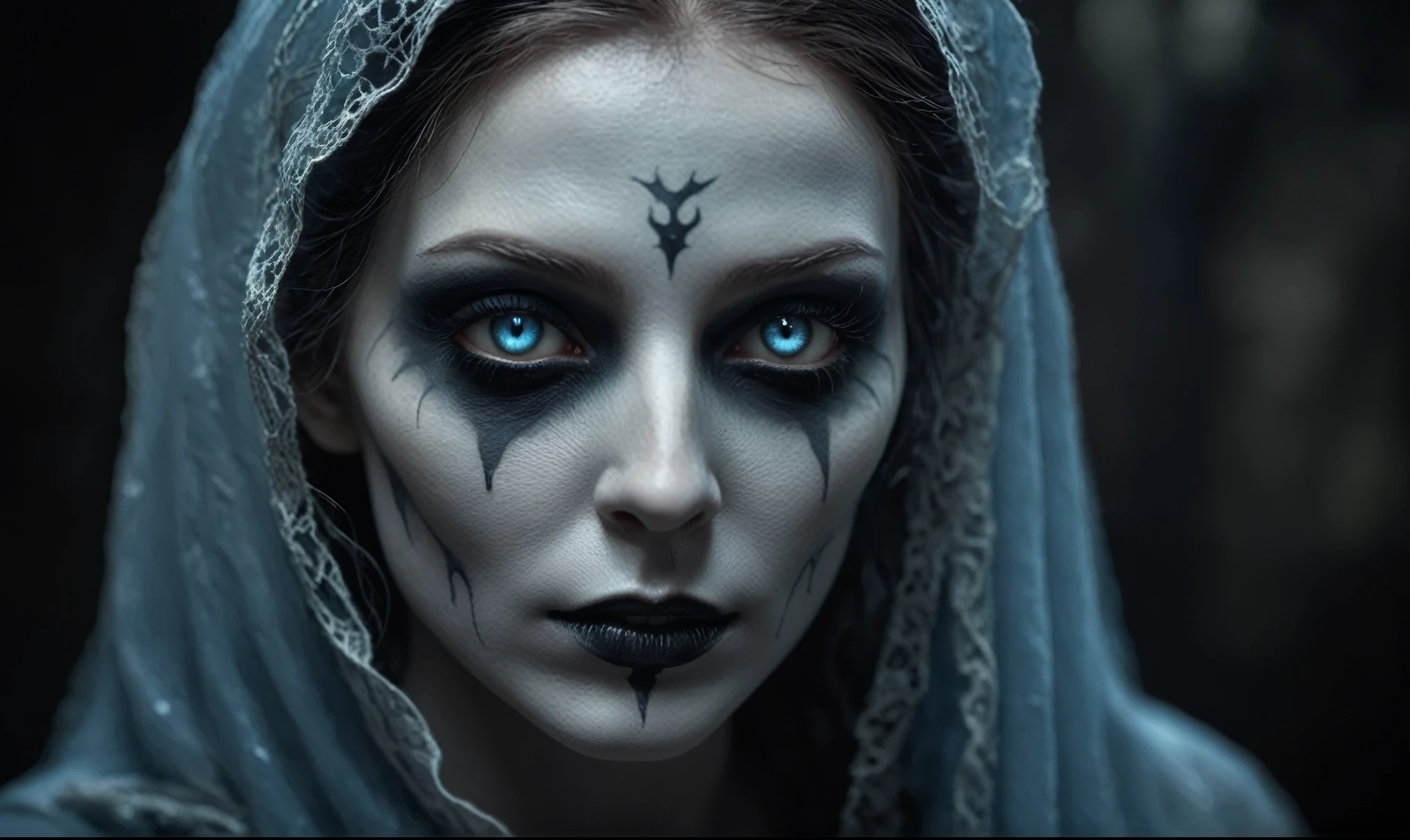 (((creature with a spectral and ghostly appearance)). Her skin is pale, almost translucent. His eyes shine with a bluish glow, he wears dark, torn clothes that float around him, as if permeated by an aura of mourning. Its appearance is complemented by details such symbols of mourning and gothic elements, further emphasizing its dark air. is portrayed as a haunted and tormented entity,{creature},face pretty face,extremely detailed,intricate details,eyes extremely detailed, high detailed eyes,16k resolution, realistic humid skin,extremely intricate details,Epic Realistic,face anatomically correct,Ultra HD,HDR, natural skin textures, hyper realism,realistic skin texture, hyper detailed,extremely Realism,Ultra Detailed,body logically correct