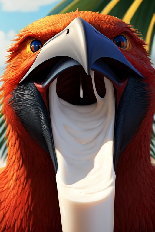 Single mythical Phoenix with no teeth, large wide open mouth coconut with milk inside mouth, surprised face with cute eyes facing the camera close up, photorealistic. Coconut Milk dripping inside mouth.coconut Milk dripping out of mouth. Muscles jaw. Defined cormorant beak