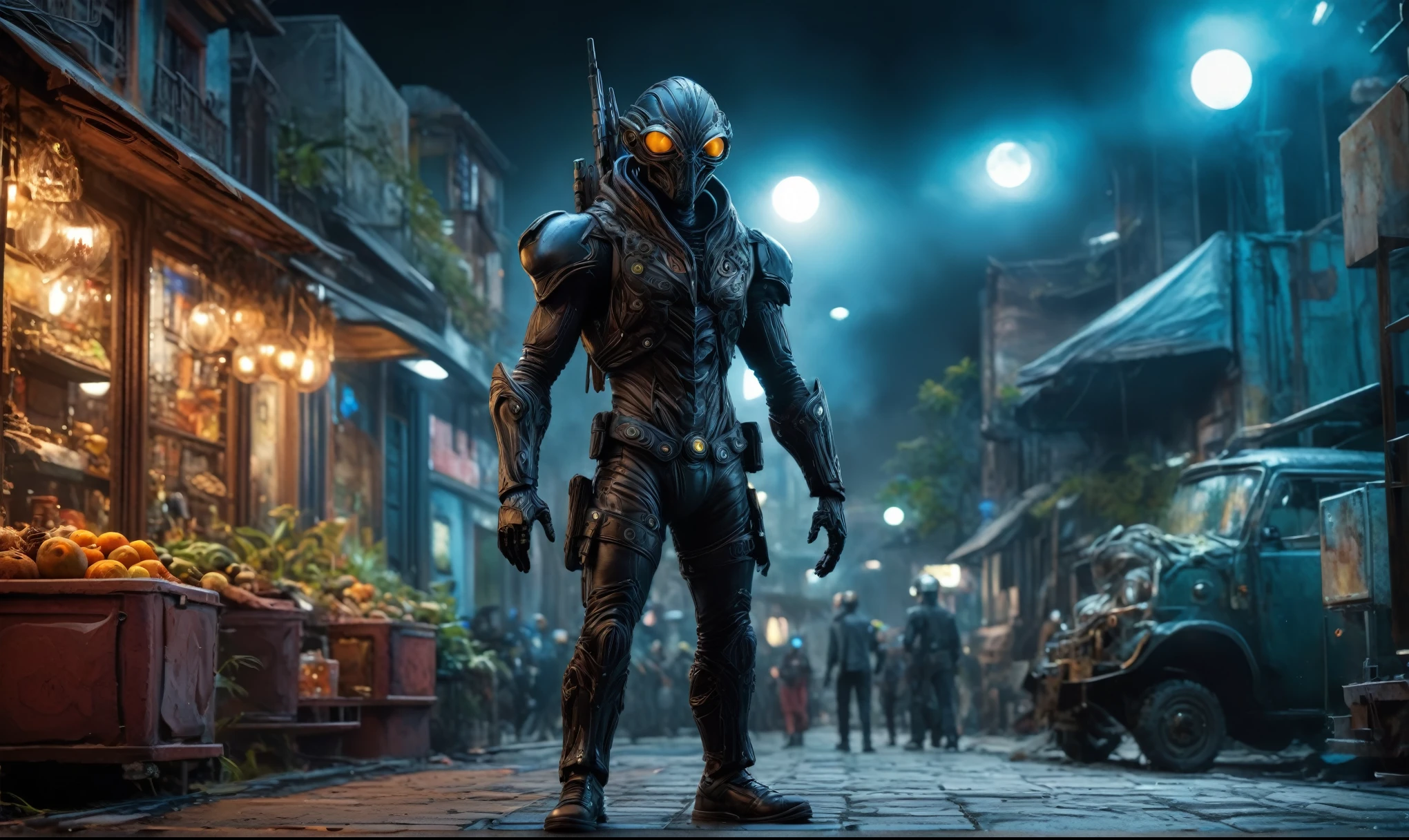 full-body-shot,niobium Manganite (The Alien Entity:Caribbean:0.5), wants eat,survival in criminal city of future,Cinematic,soft colors, Technicolor,natural skin textures, hyper realism, hyper detailed,Extremely detailed,High contrast,Masterpiece,Realistic,Ultra Detailed, intricate details,realistic humid leather,extremely intricate,Epic Realistic, cinematic style,irina yermolova,high contrast,HDR,extremely detailed, [deep night landscape],masterpiece,intricate details,faded,eyes extremely detailed, high detailed eyes,8k resolution,RAW,retina, Nikon Z9