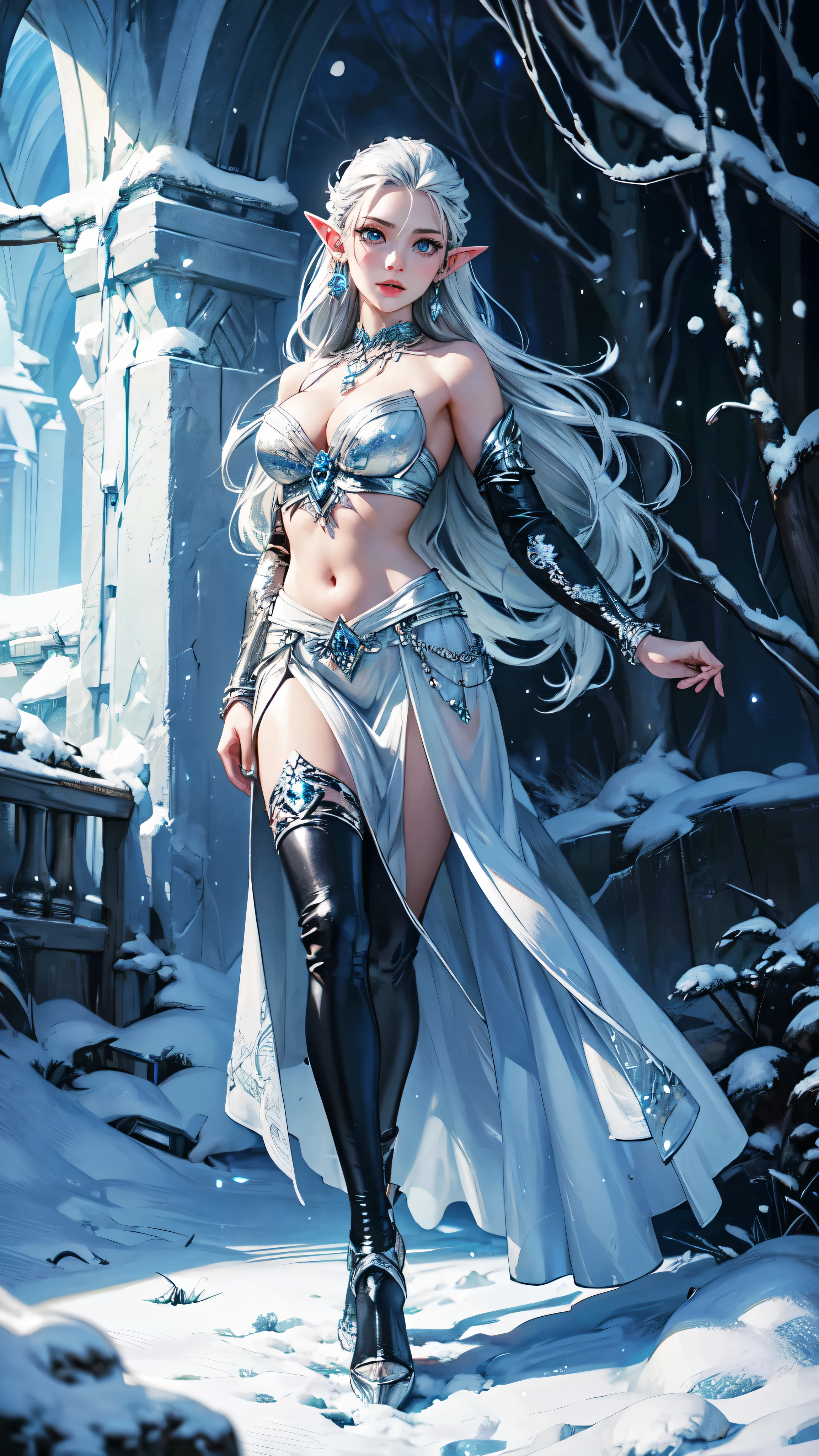 snow cave as background, frozen cave, frozen temple, fashion model posing, (photorealistic:1.4), (masterpiece, front lighting, finely detailed beautiful eyes: 1.2), masterpiece*portrait, realistic, 3d face, glowing eyes, shiny hair, lustrous skin, solo, embarrassed, (midriff), absolute_cleavage, necklace, silver_earrings, detailed face, detailed eyes, detailed hands, full body, elf woman